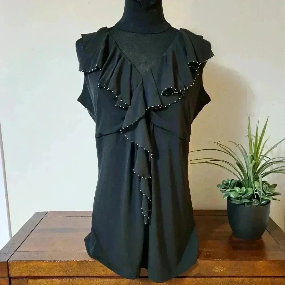 Travel by Tribal Black Beaded Top Sleeveless Ruffle Women's Medium Embellished